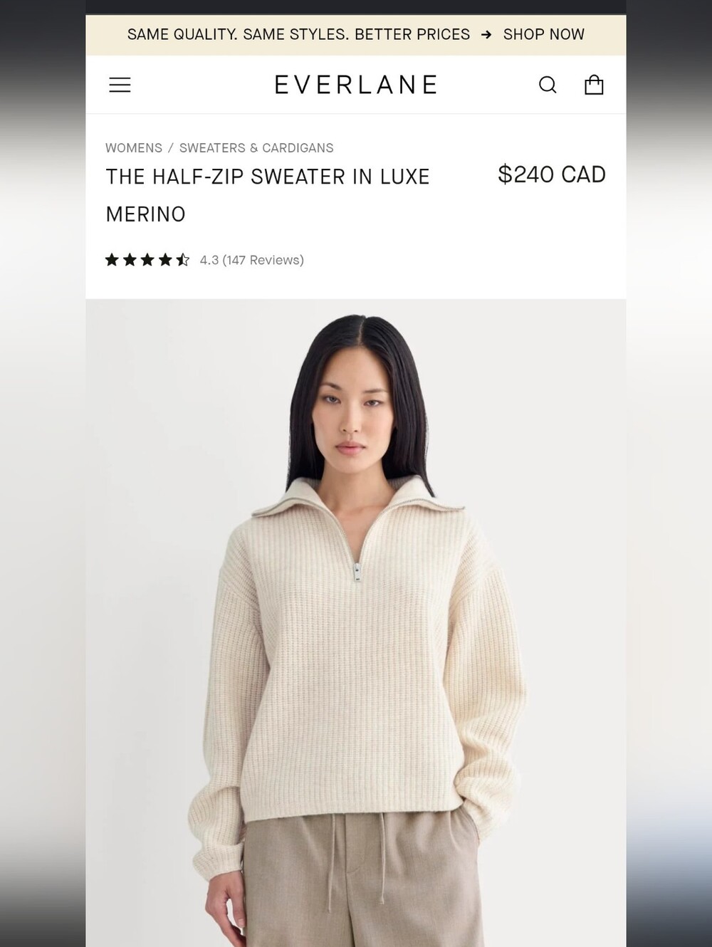 Everlane Half-Zip Luxe Merino Sweater in Oat